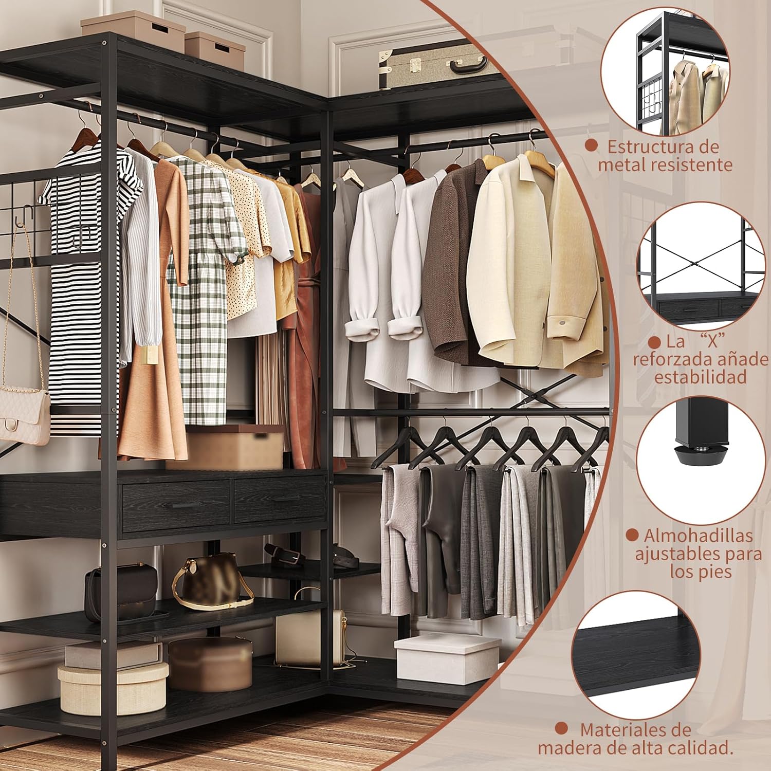 Simple Wisdom Closet Armables Para Ropa,2M Perchero Para Ropa Esquina en Forma de L,Closet Para Ropas Con 2 Cajones de Madera,Rack Para Ropas Con 5 Estantes Abiertos (Negro)