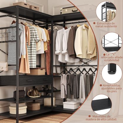 Simple Wisdom Closet Armables Para Ropa,2M Perchero Para Ropa Esquina en Forma de L,Closet Para Ropas Con 2 Cajones de Madera,Rack Para Ropas Con 5 Estantes Abiertos (Negro)