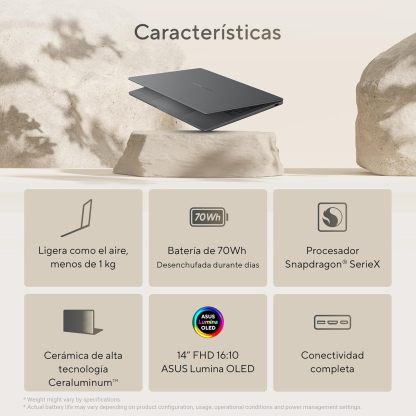 ASUS Laptop Zenbook A14/14 OLED/Snapdragon X X1 26 100/NPU hasta 45 TOPS/16GB RAM/512GB SSD/Cámara FHD con IR/Teclado Retroiluminado en Español/Funda(Garantía y Servicio en México)