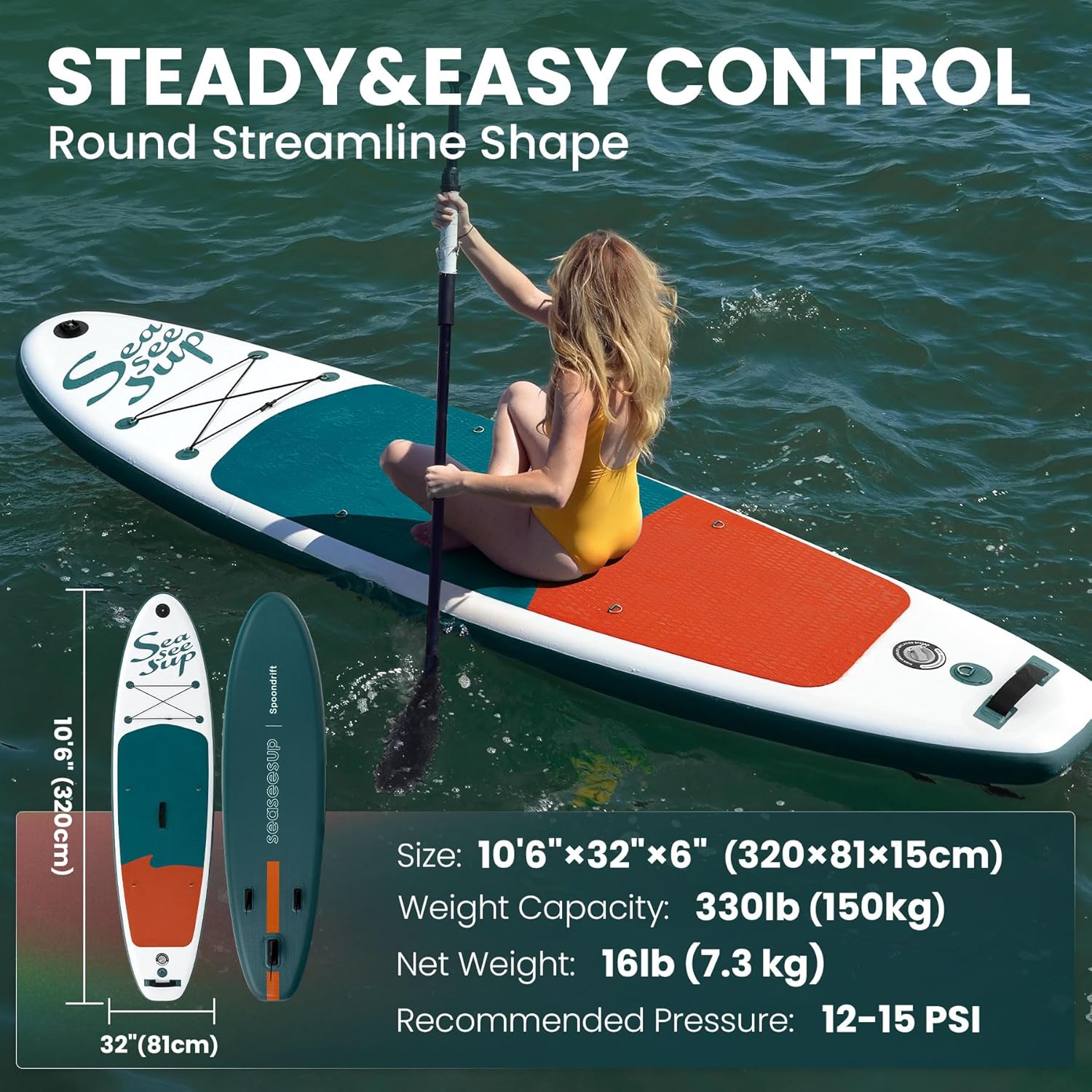 SEASEESUP Tablas de Remo inflables con Accesorios Sup, Tabla de Remo de 12 pies, Duradera, Ligera, diseño Estable de 33 Pulgadas de Ancho para Adultos con sobrepeso