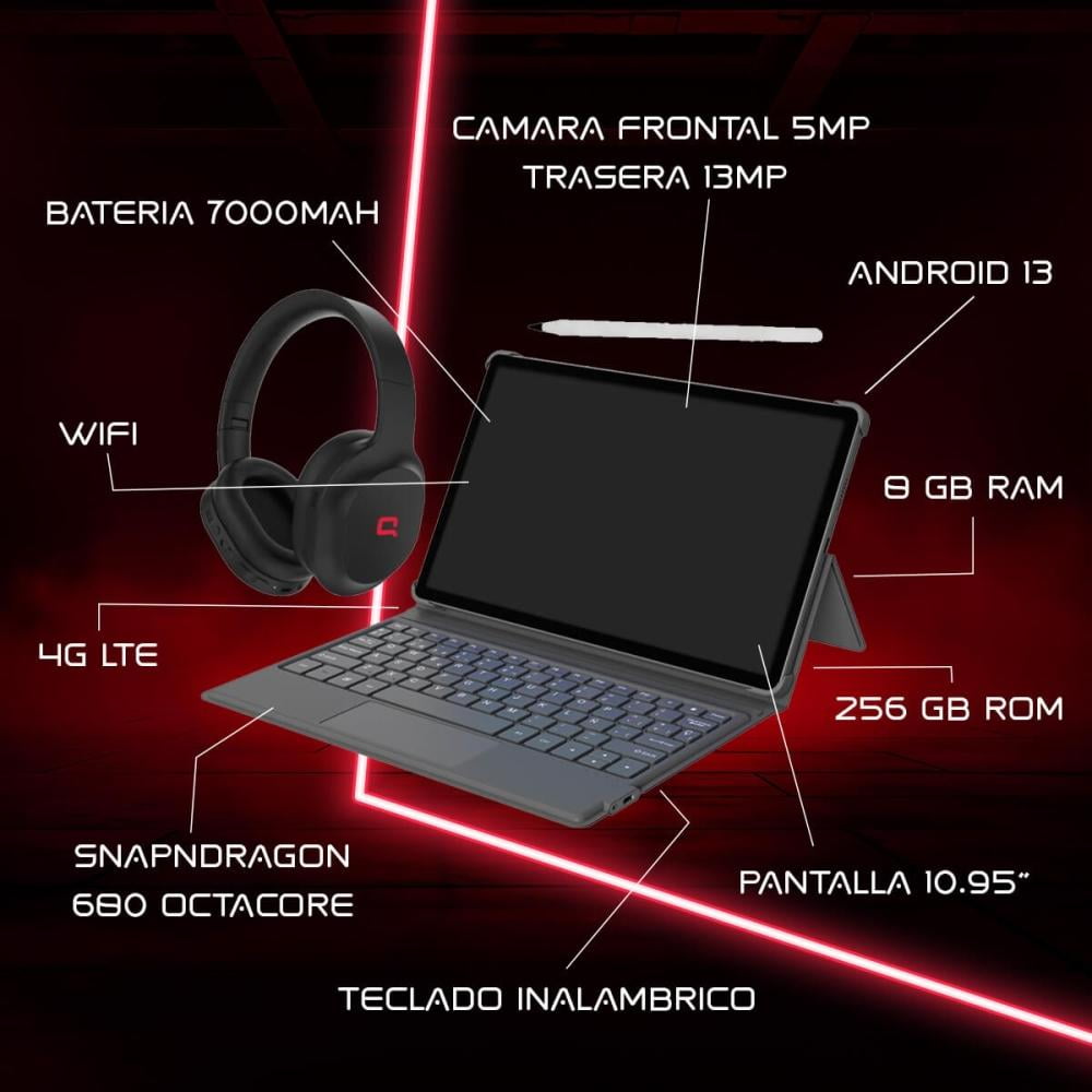 Tableta Compaq Qtab 8G RAM 256GB ROM con Pen Stylus + Teclado Pogo PIN y headphone BT