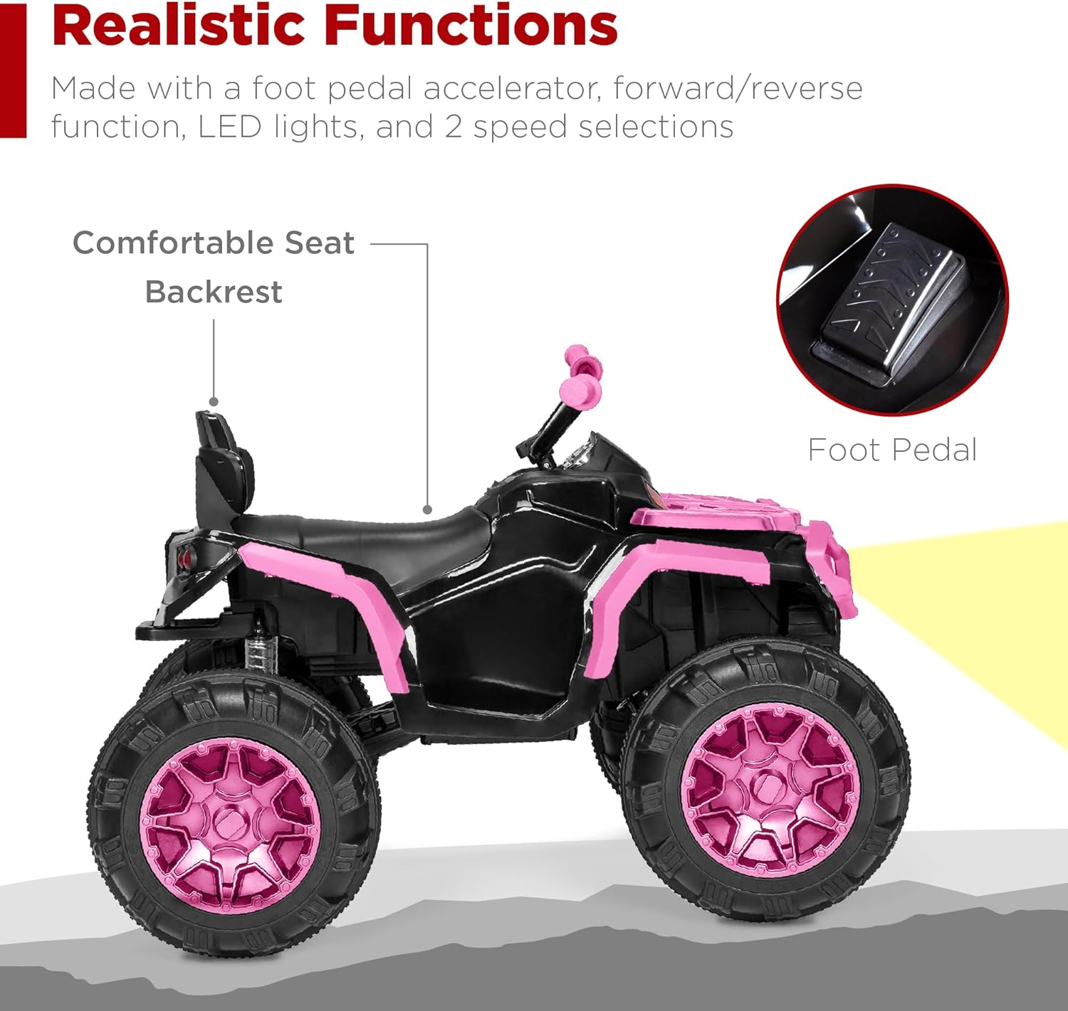 Best Choice Products 12V ATV eléctrico para niños de 4 ruedas con audio Bluetooth, velocidad máxima de 3.7 mph, neumáticos con banda de rodadura, faros LED, radio, color negro