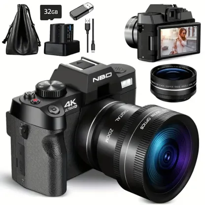 Cámaras digitales NBD S100 Pro para fotografía y vídeo 4K, cámara Vlogging de 48 MP con pantalla abatible de 180°, zoom digital 16X, flash y enfoque automático, lente macro y gran angular de 52 mm, 2 baterías, tarjeta SD de 32 GB