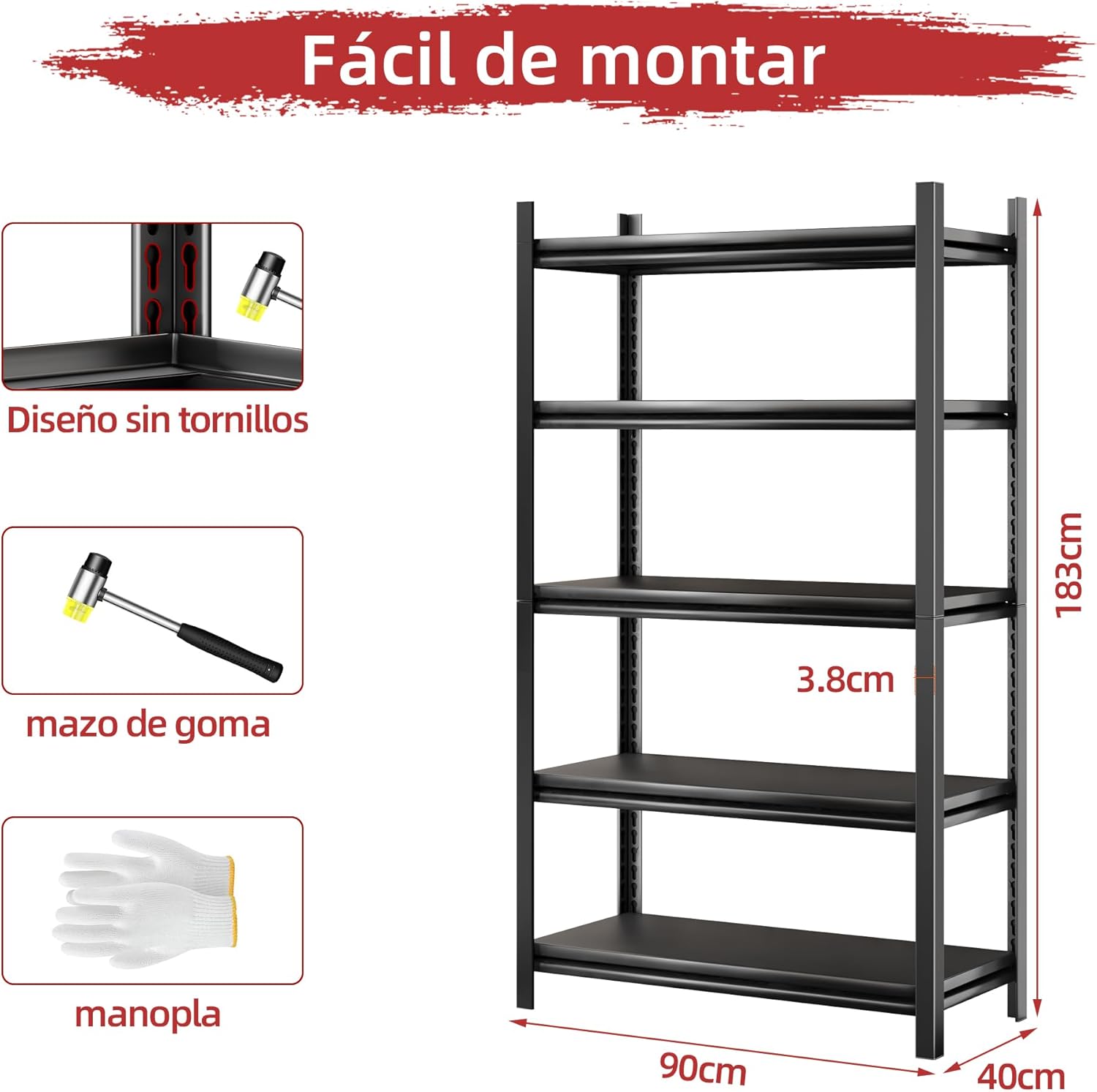 NETEL Anaquel Metalico 5 Niveles, Estantería de Garaje, Estanteria Metalica, Estante de Acero para Cargar Pesadas, Estantería Multifuncional Desmontable, 90 W x 40 D x 183 H cm, Negro
