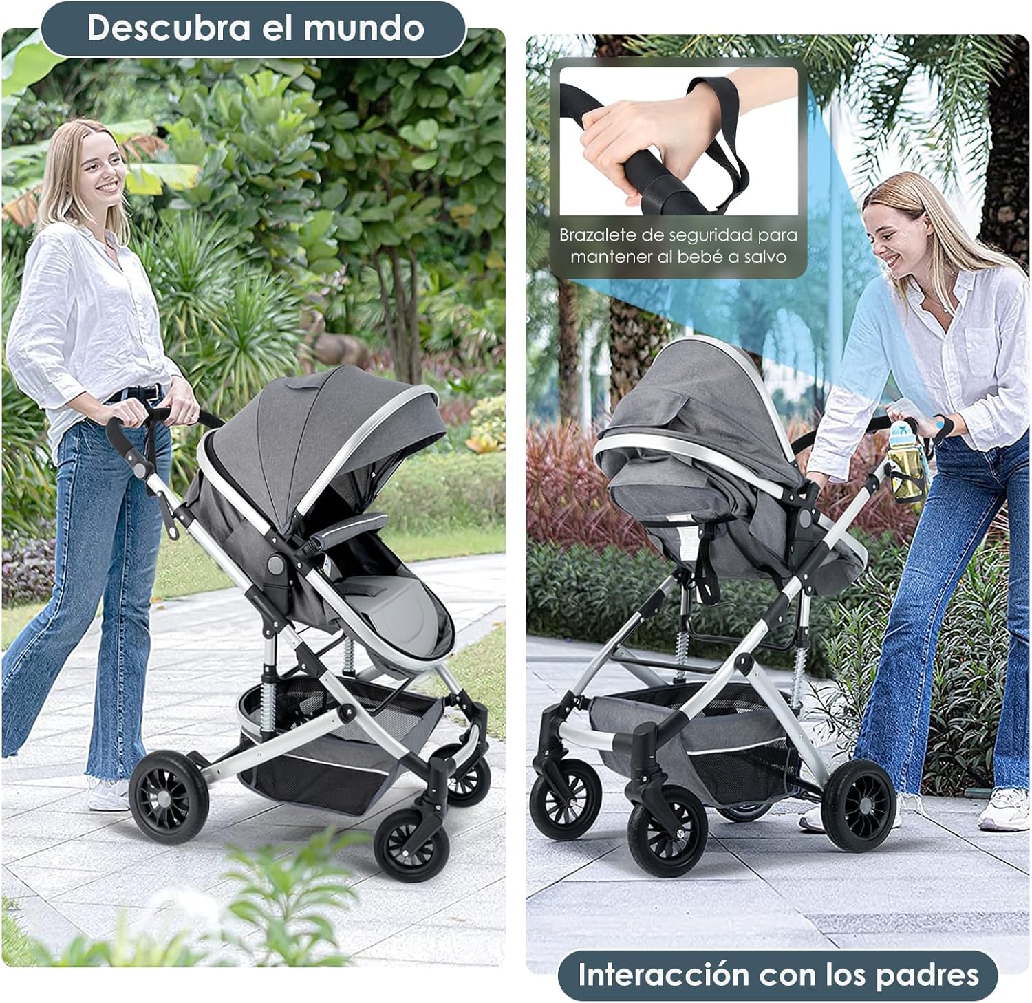 VANGUA Carriola para Bebé con Diseño de Amplia Vista, Llantas de Caucho a Prueba de Explosiones, Sistema de Amortiguadores Atenuantes, Asiento con Dirección Ajustable, Reclinable Multi Posición, Toldo Protector Solar, Ventana de Ventilación, Estructura