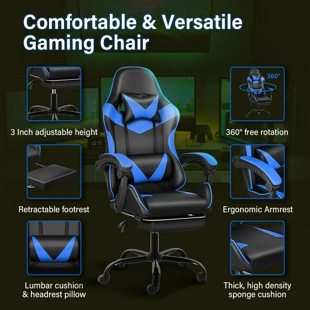Silla de juego YSSOA Racing Style ajustable con reposapiés negro/azul