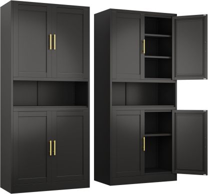 Ckzbx Gabinete de cocina de metal de 61 pulgadas de alto con 4 puertas, armarios de baño, 2 estantes ajustables para cocina, oficina en casa, sala de estar, comedor (negro)