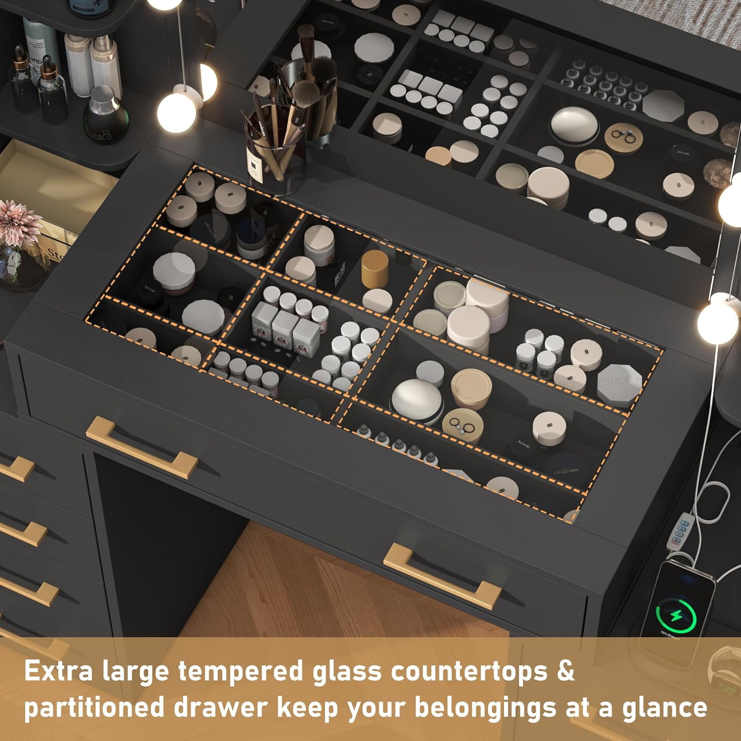 Tocador negro con espejo y luces LED, tocador con tapa de cristal con estación de carga y cajones de almacenamiento con compartimentos, mesa de tocador de maquillaje grande de 43 pulgadas con 9 cajones y 6 estantes