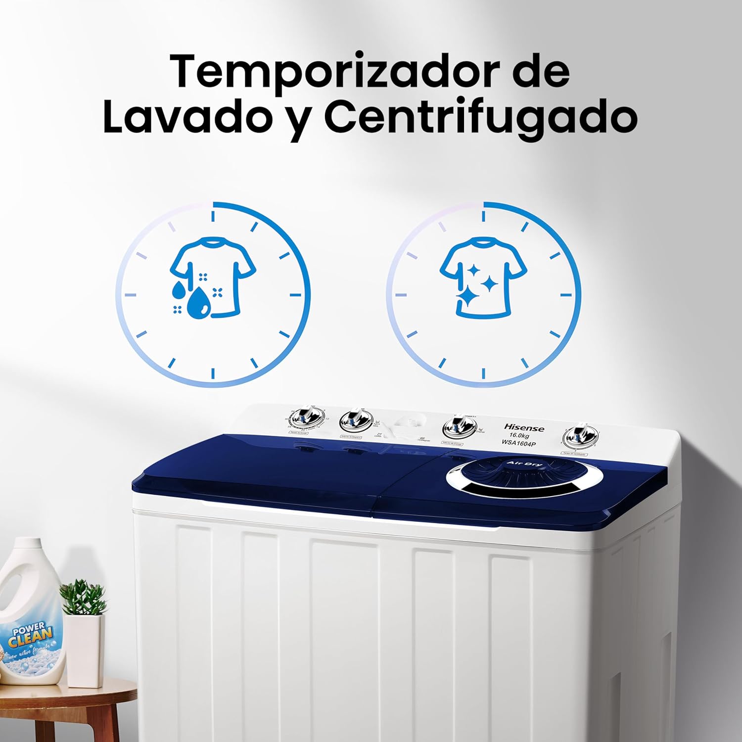 Hisense Lavadora doble tina WSA1604P, Semiautomática, 16 Kg, Temporizador de Lavado y Centrifugado, 88x52x99cm(AnchoxLargoxAlto), Blanco/Azul