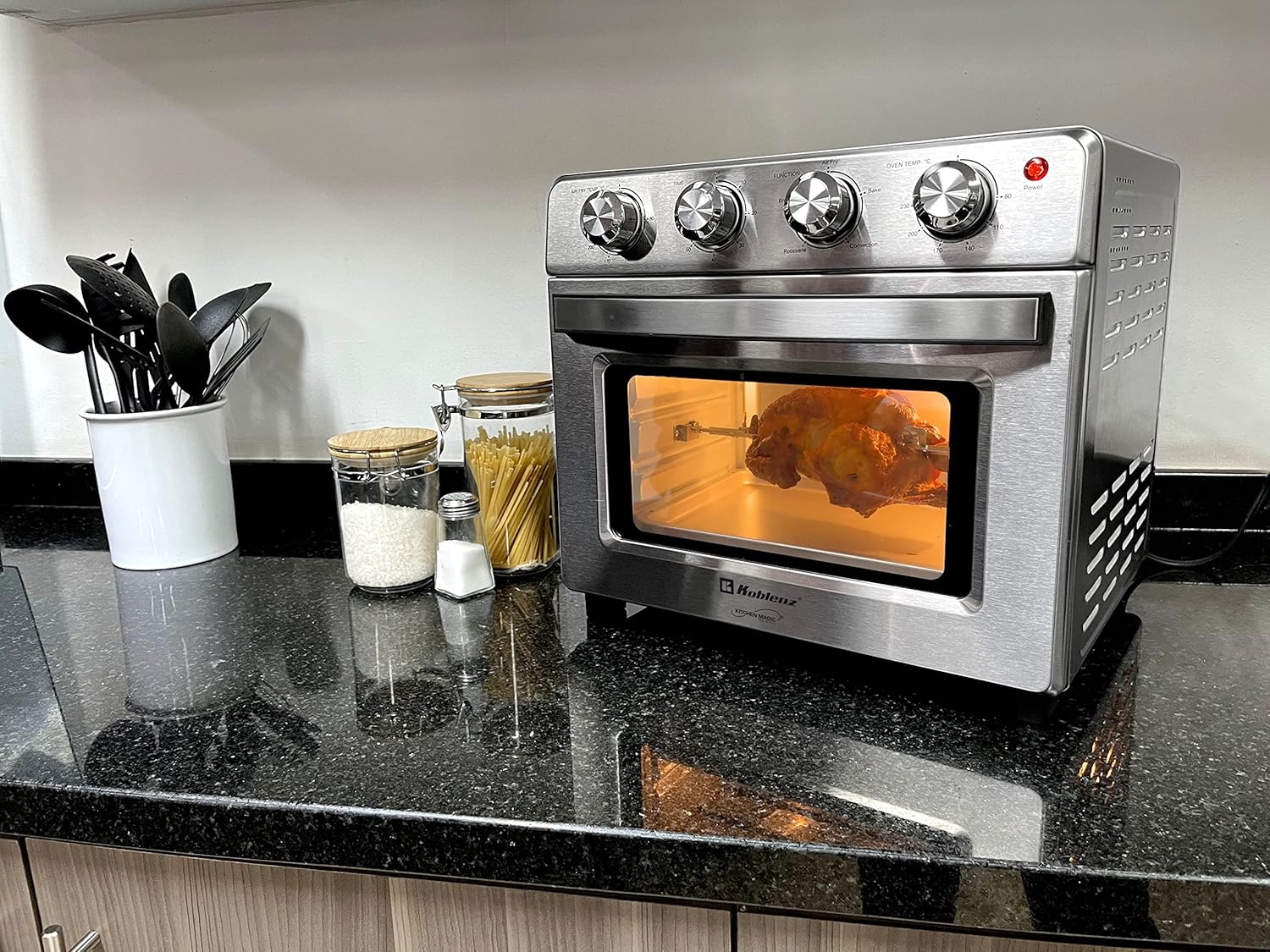 Horno Freidora de Aire Koblenz de 25 Litros, 7 en 1 Fríe sin Aceite, Asa, Gratina, Dora, Tuesta, Calienta, Rostiza, 7 accesorios, 1400 W, Control con Perilla, acero inoxidable (HFKM-1400 IN)
