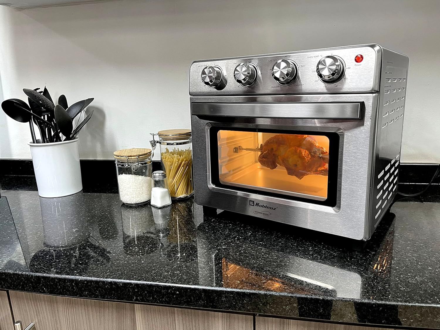 Horno Freidora de Aire Koblenz de 25 Litros, 7 en 1 Fríe sin Aceite, Asa, Gratina, Dora, Tuesta, Calienta, Rostiza, 7 accesorios, 1400 W, Control con Perilla, acero inoxidable (HFKM-1400 IN)