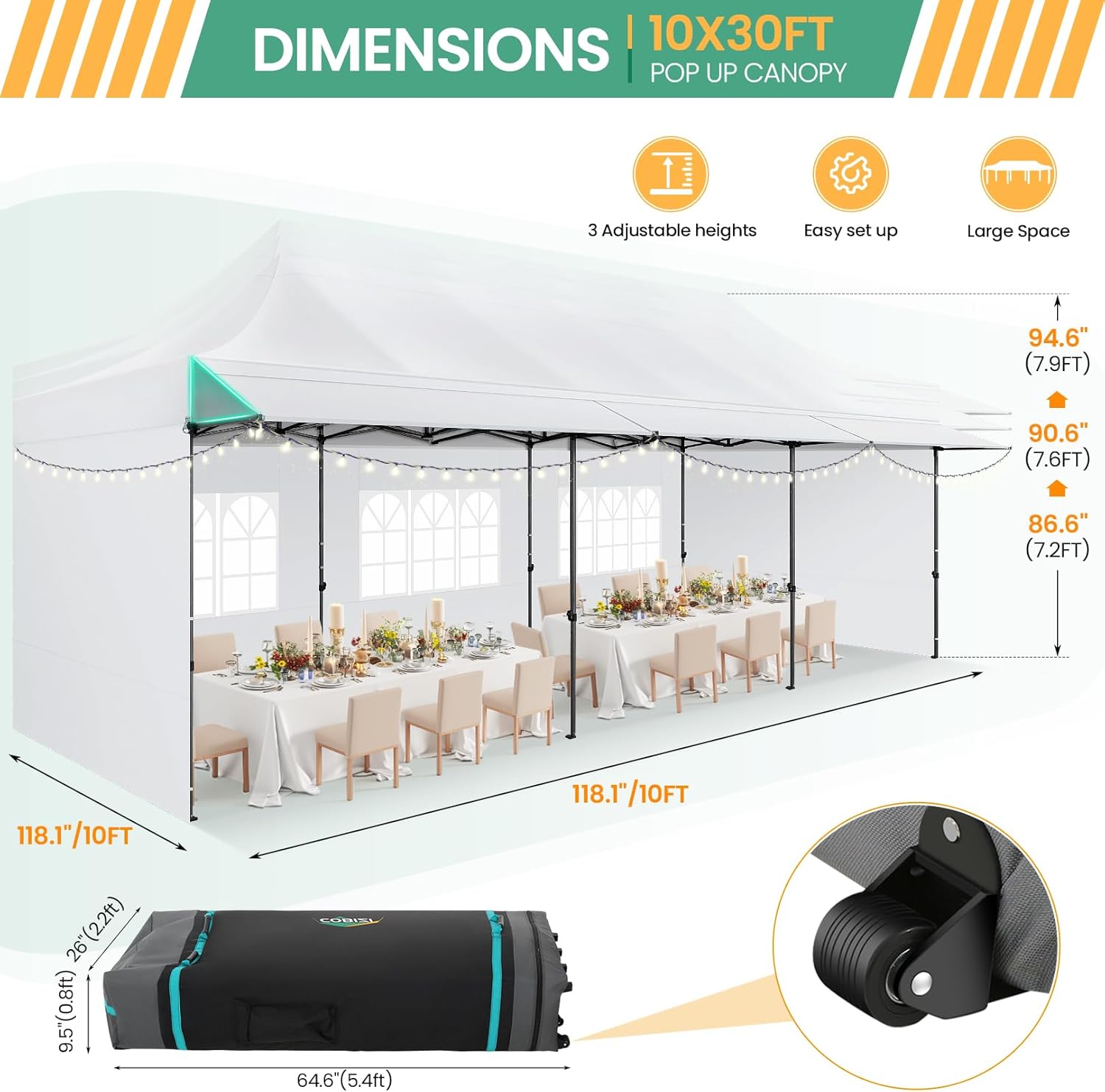 COBIZI - Toldo desplegable de 10 x 20 Pulgadas con 6 Paredes Laterales, toldo Impermeable para Eventos al Aire última intervensión, UPF 50+ cenador portátil para Fiestas, Playa, Camping, Boda,