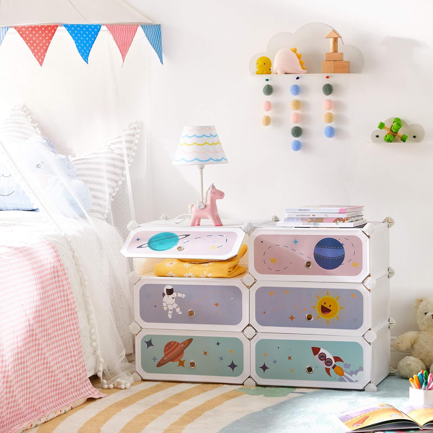 SONGMICS Modular Children's Shelf with 6 Cubes, Children's Shoe Rack, 43 x 31 x 105 cm, Modular Cabinet with Doors, for Clothes, Shoes, Toys, Cloud White MLPC904W01