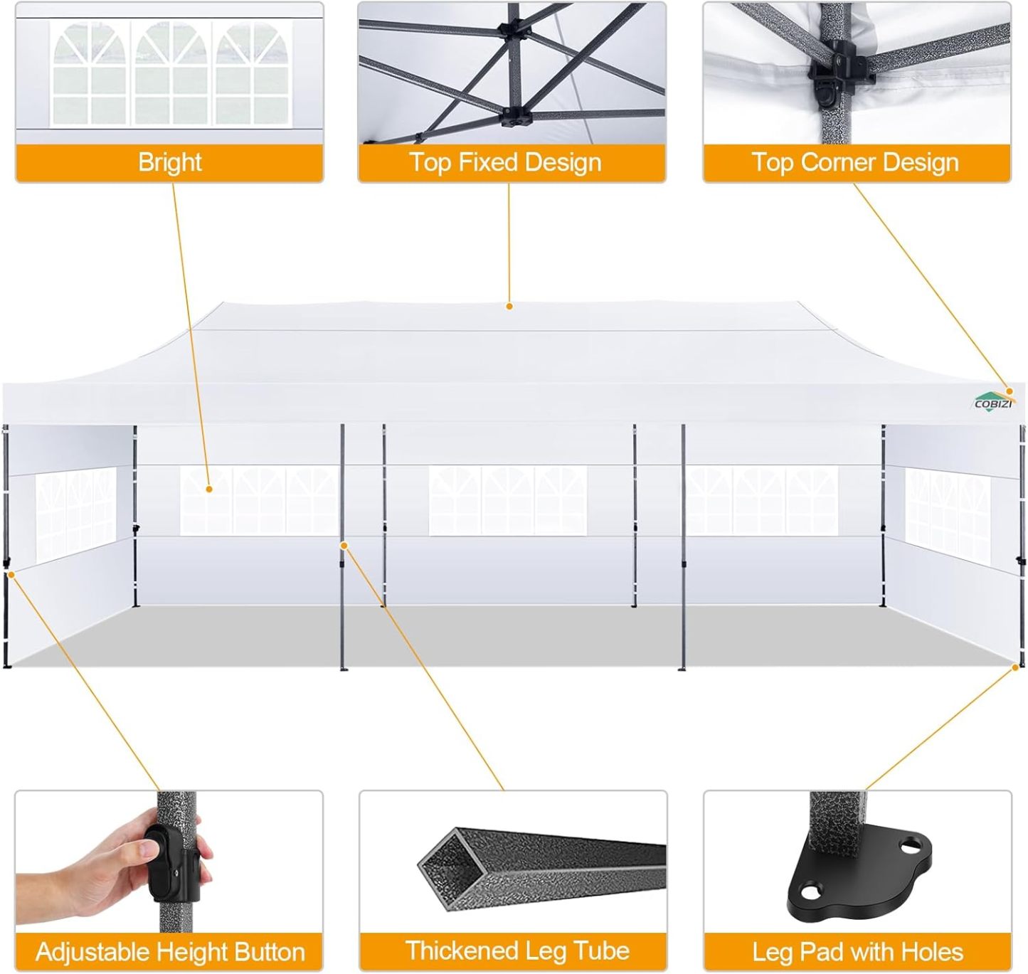 COBIZI - Toldo desplegable de 10 x 20 Pulgadas con 6 Paredes Laterales, toldo Impermeable para Eventos al Aire última intervensión, UPF 50+ cenador portátil para Fiestas, Playa, Camping, Boda,