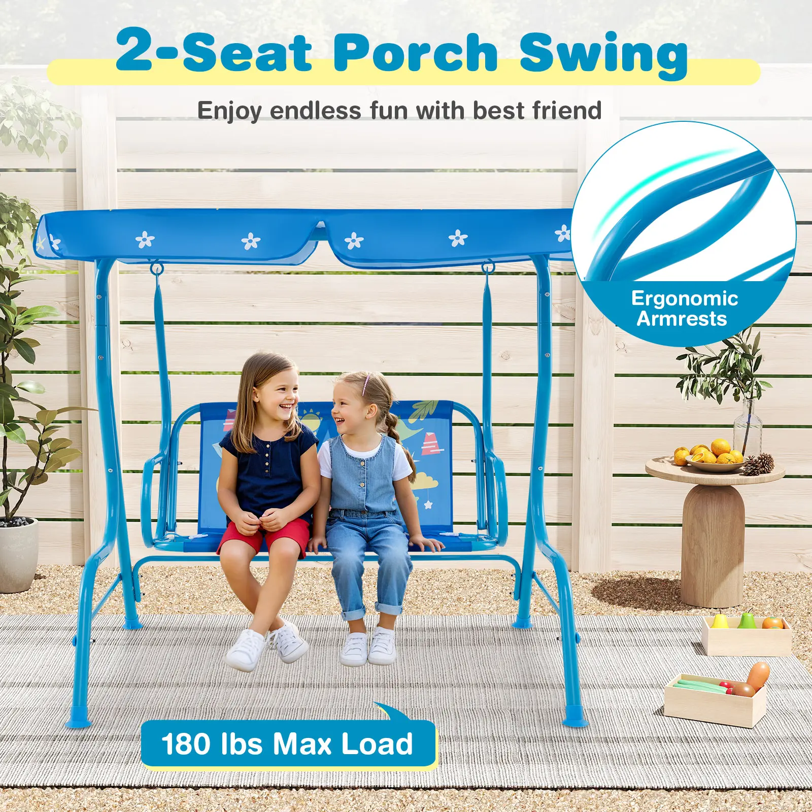 ✨Columpio infantil para patio, apto para todo tipo de clima, hamaca doble para porche (con toldo desmontable), banco columpio para exteriores
