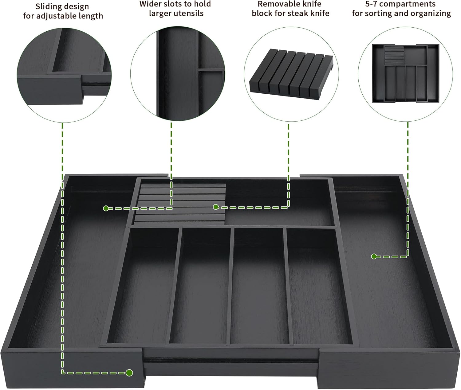 VaeFae Cocina, soporte para utensilios extensibles y bandeja de cubiertos con Divider de 13" -21,6 "de superficie plana y bloque de cuchildesmontable (negro)