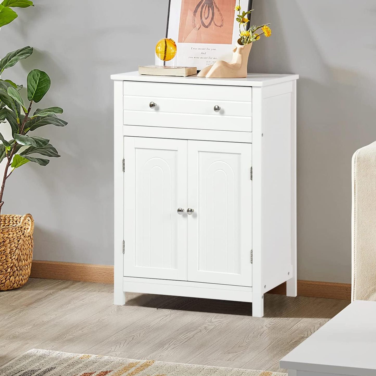 Gabinete de Almacenamiento para Piso de Baño con Puerta Doble, Estante Ajustable, para Baño, Sala de Estar, Cocina, Estilo Nórdico Escandinavo, Fácil Montaje