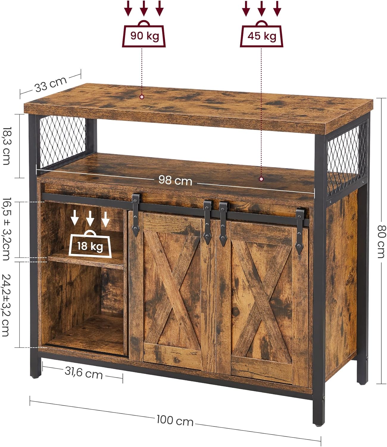 VASAGLE Credenza y Mueble Cocina, Gabinete para Cocina con 2 Puertas Correderas y Repisas, Sala o Pasillo, Marrón Rústico, Negro Tinta, MLSC092B01