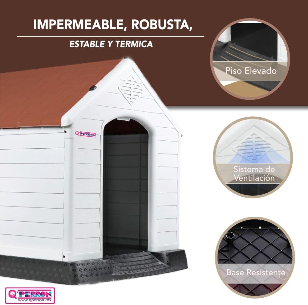 Q PERRON Casa para Perro Mediano con Puerta Metálica | para Exterior - Resistente al Agua | Térmica con Ventilación | Piso Elevado | 88 X 79 X 82 cm.