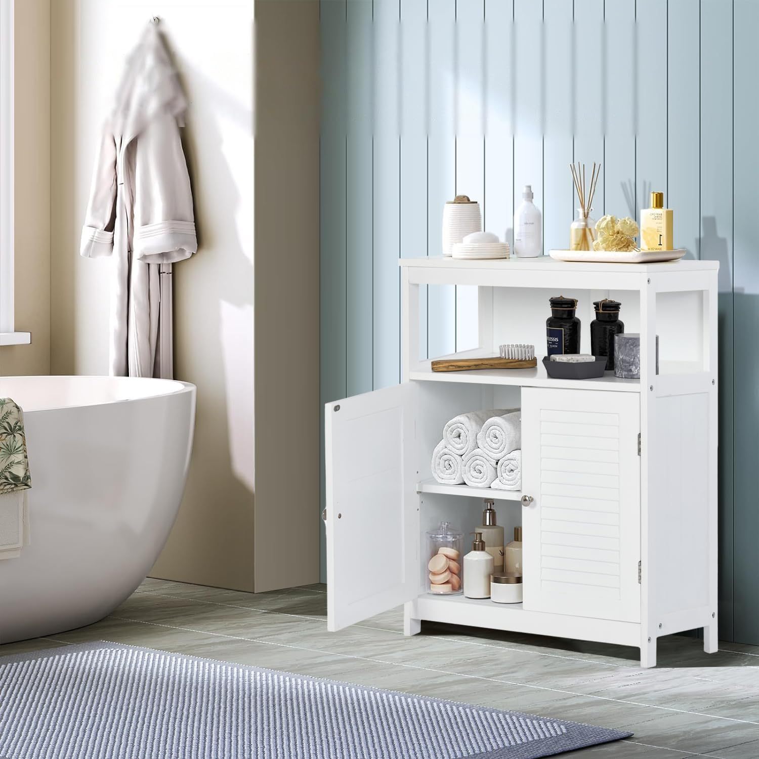 Gabinete de Almacenamiento para Piso de Baño con Puerta Doble, Estante Ajustable, para Baño, Sala de Estar, Cocina, Estilo Nórdico Escandinavo, Fácil Montaje