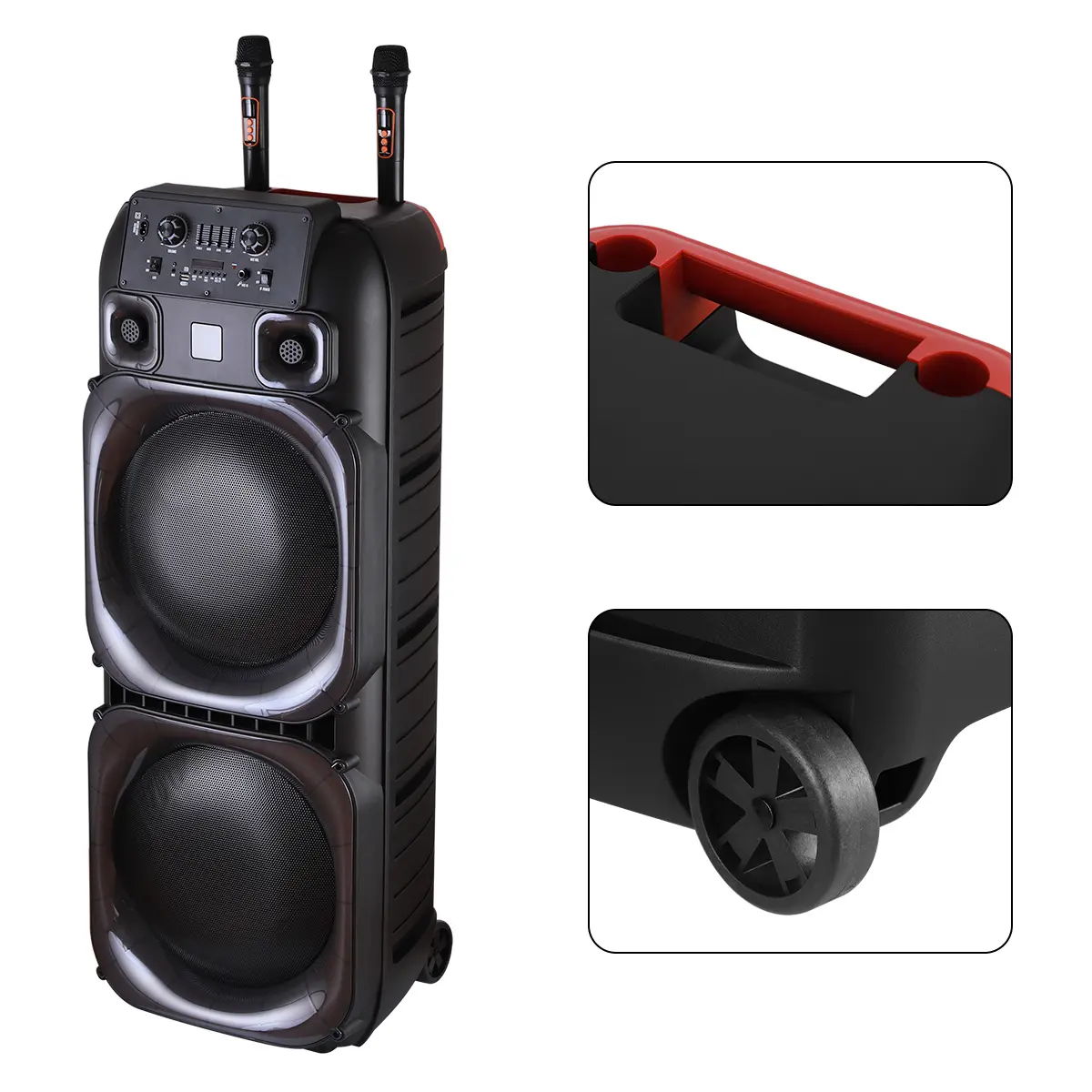 Sistema de altavoces PA portátil con Bluetooth, alta potencia, doble woofer de 15" y tweeter de 1.5"; inalámbrico y recargable, incluye dos micrófonos inalámbricos, control remoto, luces LED de fiesta multicolor y sonido estéreo (SoundBox DJ).