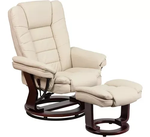 Sillón Reclinable Y Otomano De Cuero Beige Flash