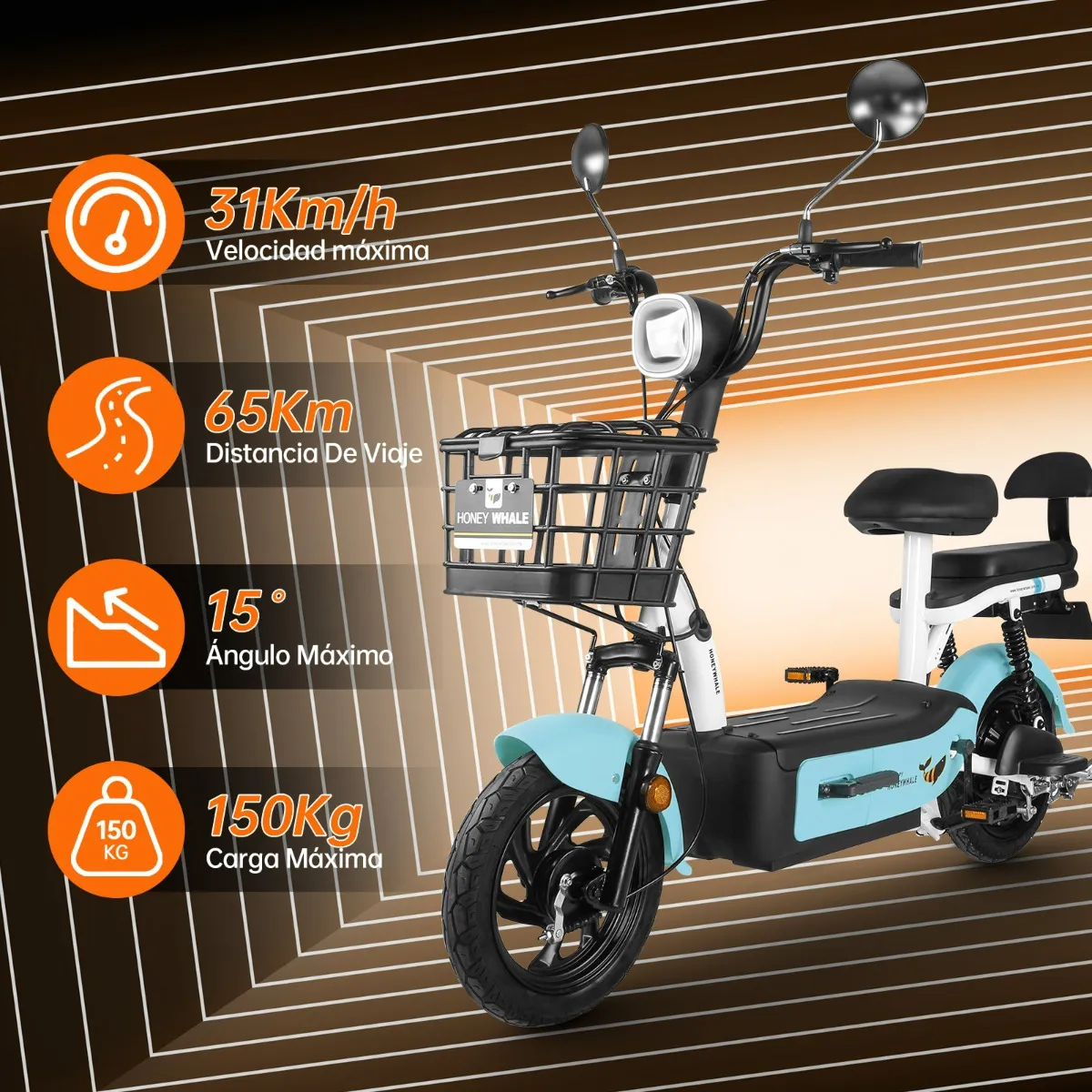 HONEY WHALE U1S Bicicleta Eléctrica 31KM/H-650W-65KM-20AH-(MAX)Velocidad-Potencia-Autonomía-Capacidad de la Batería, Moto Bici, Dos Asientos, Amortiguación de doble muelle HONEYWHALE