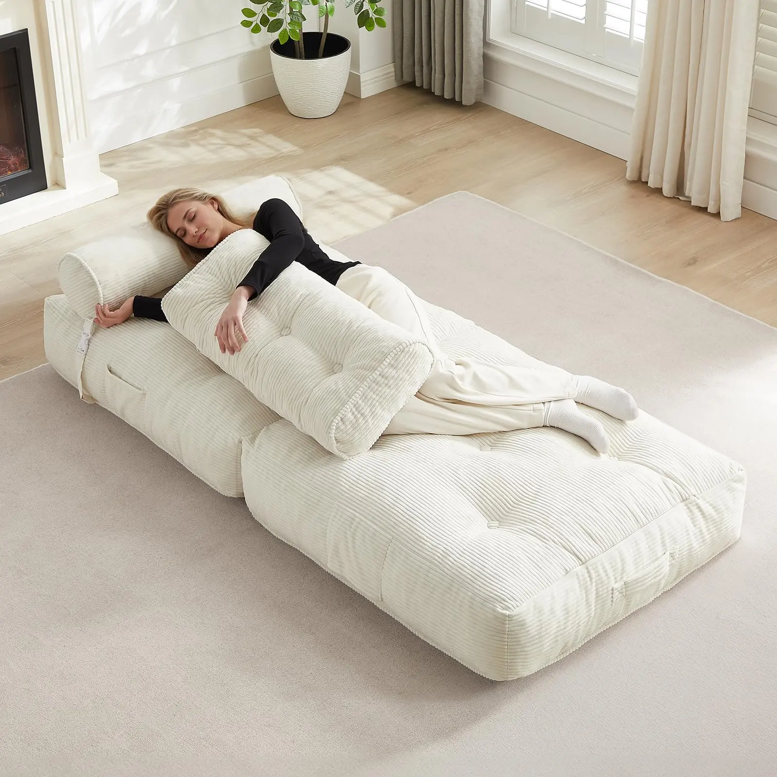 Sofá cama plegable con almohada, sillón convertible con respaldo de apoyo, silla cama plegable portátil de pana, cómodo sofá lounge de suelo para sala de estar — Individual