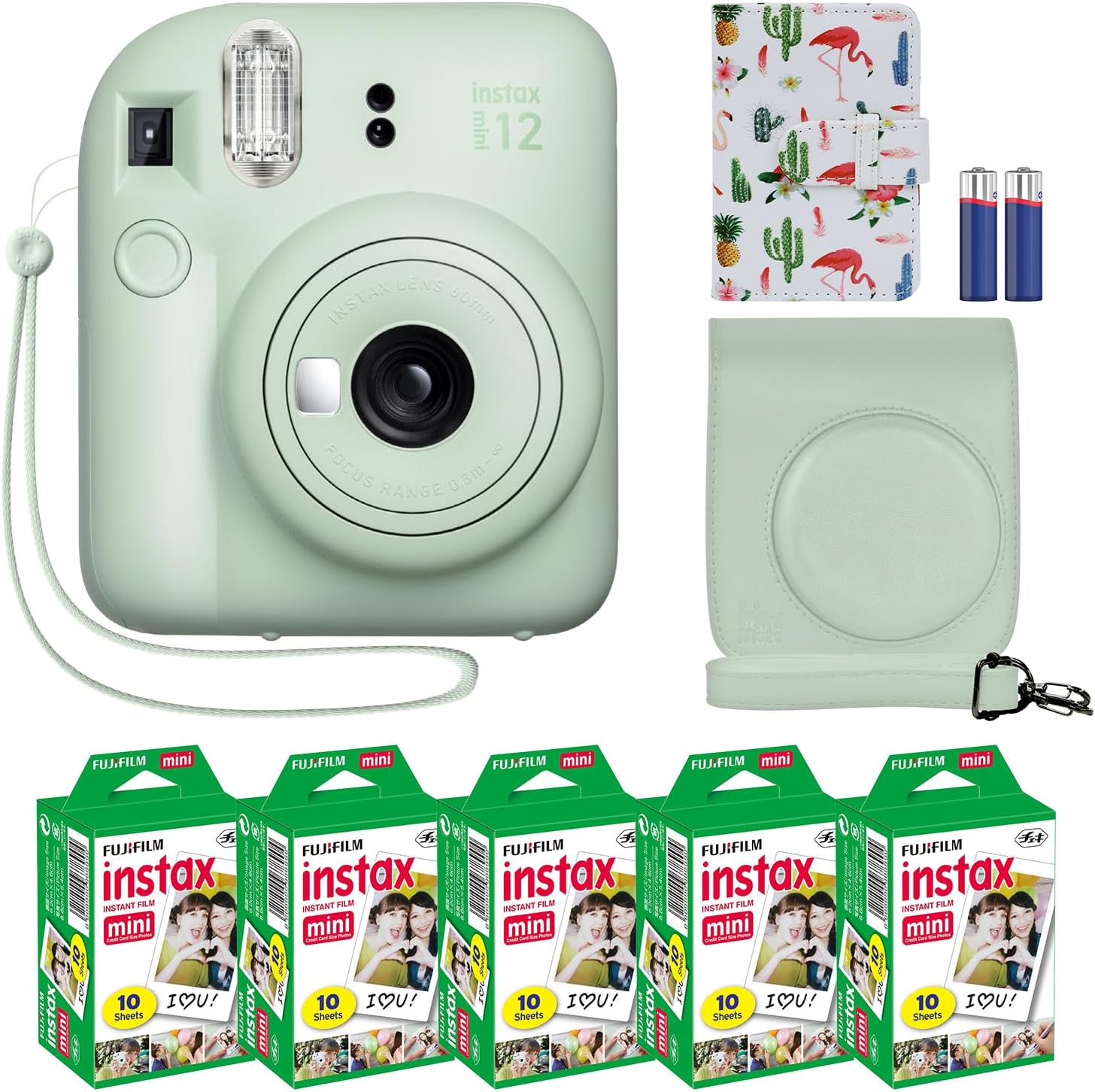 Fujifilm Instax Mini 12 cámara instantánea + paquete de accesorios MiniMate y funda personalizada compatible + Fuji Instax Film Value Pack (50 hojas) Álbum de fotos de diseño flamenco (verde menta)