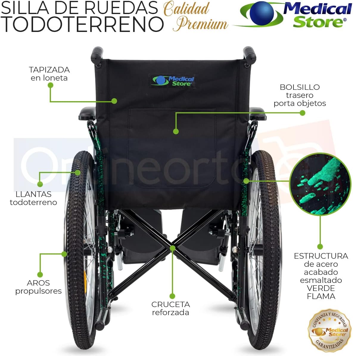 Medical Store Silla de Ruedas TODO TERRENO de Lujo, Modelo 101, Acero Resistente, Con Eleva piernas Desmontables y Descansabrazos Abatibles Color Rojo.…