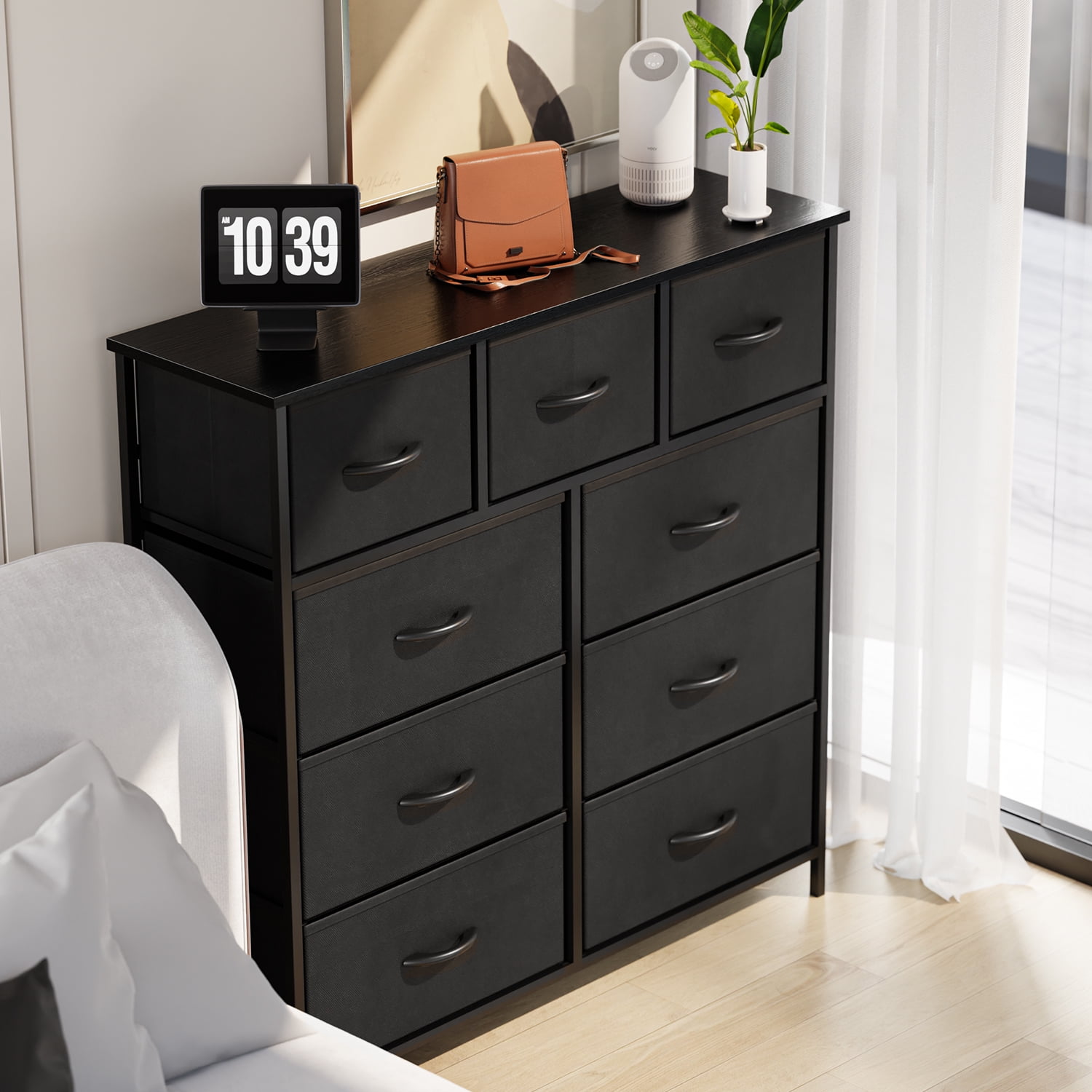 Yanming Cómoda de Tela con 9 cajones, Estructura de Acero y Tapa de Madera para Dormitorio, Armario, Entrada