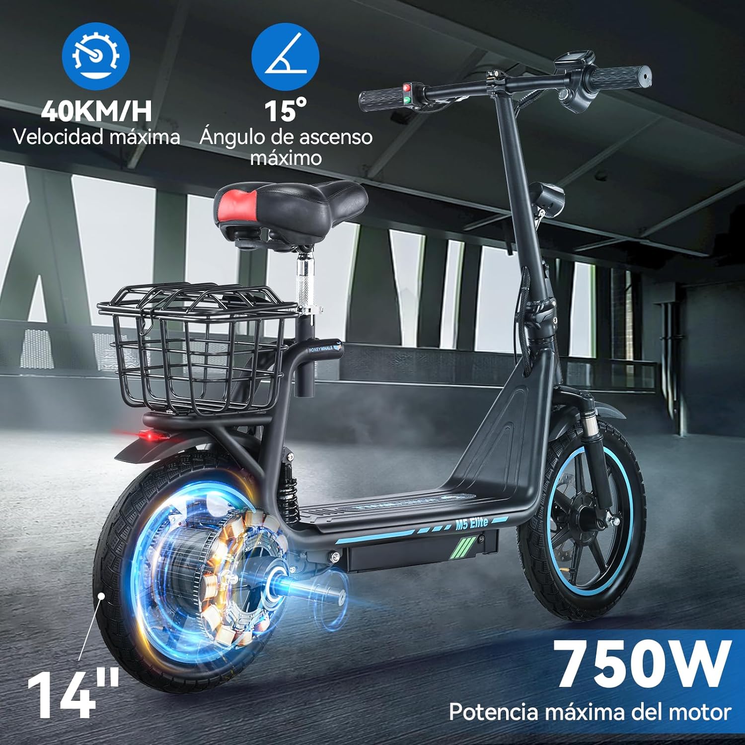 HONEYWHALE M5 Elite Scooter Eléctrico de Adultos, Patín Eléctrico Plegable con Asiento, Motor de 750 W de Potencia Máxima, Velocidad Máxima 40KM/H, Batería 15AH, Autonomía 40KM, Scooter de Movilidad