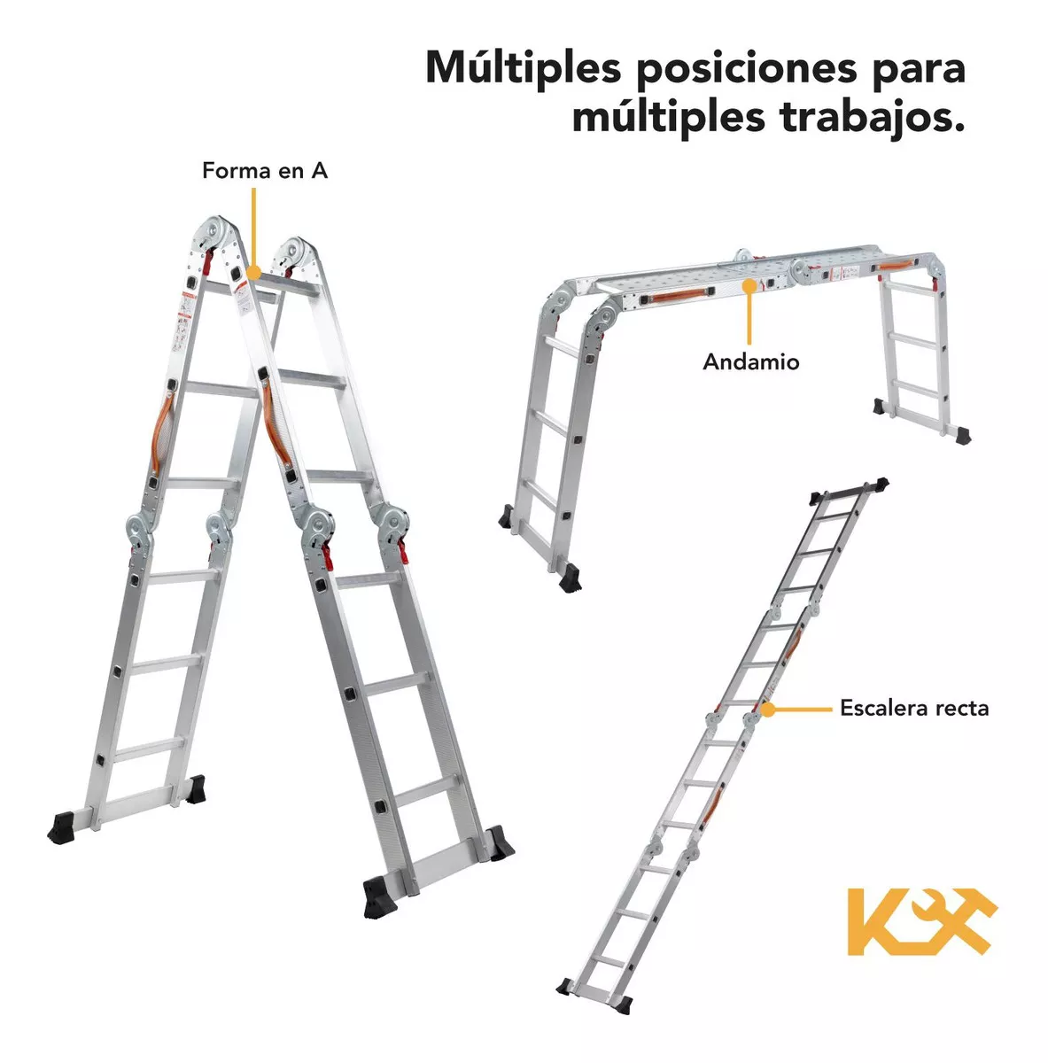 Escalera De Aluminio Multiposiciones Plegable KMEM35 Kingsman De 3.5 Metros Con 12 Peldaños Y Charolas Tipo Tijera Andamio Para 150 kg