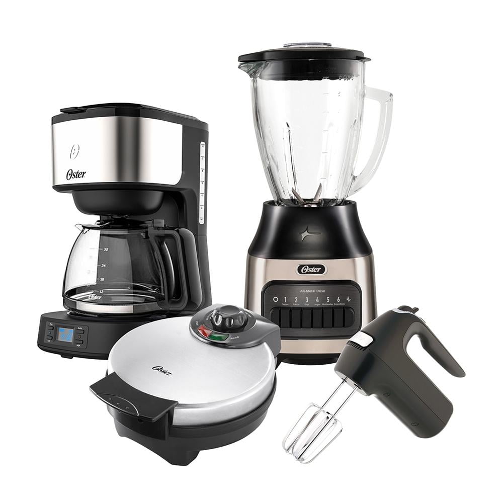 Combo Oster 4 Elementos con Licuadora 6 Velocidades, Cafetera Programable 8 tazas, Batidora y Wafflera
