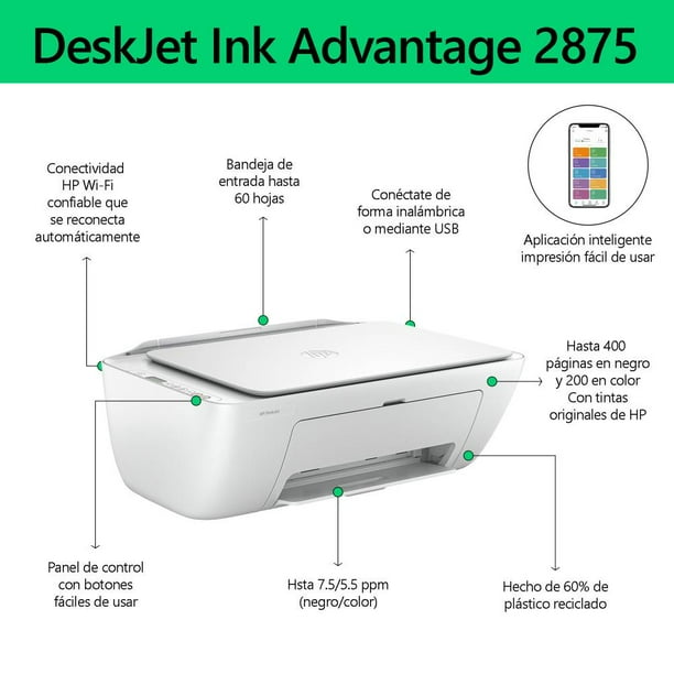 Impresora Multifuncional HP DeskJet Ink Advantage 2875 WiFi Inyección de Tinta