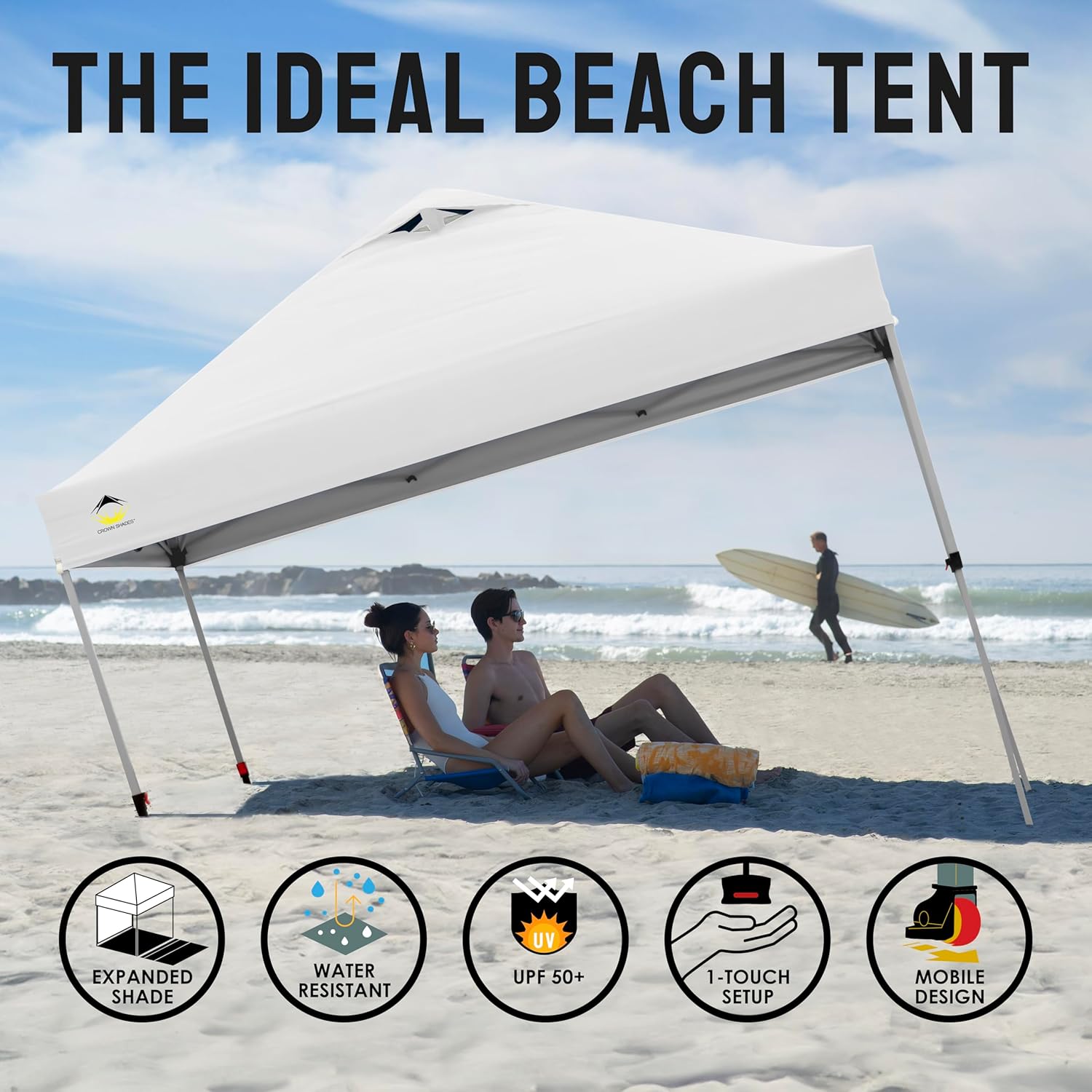 CROWN SHADES - Toldo desplegable para la Playa, fácil de armar, para el Aire Libre, Eventos, Fiestas, Campamento, Cubierta STO-N-Go, Parte Superior recubierta de Plata, 10 x 10 Pulgadas, Blanco