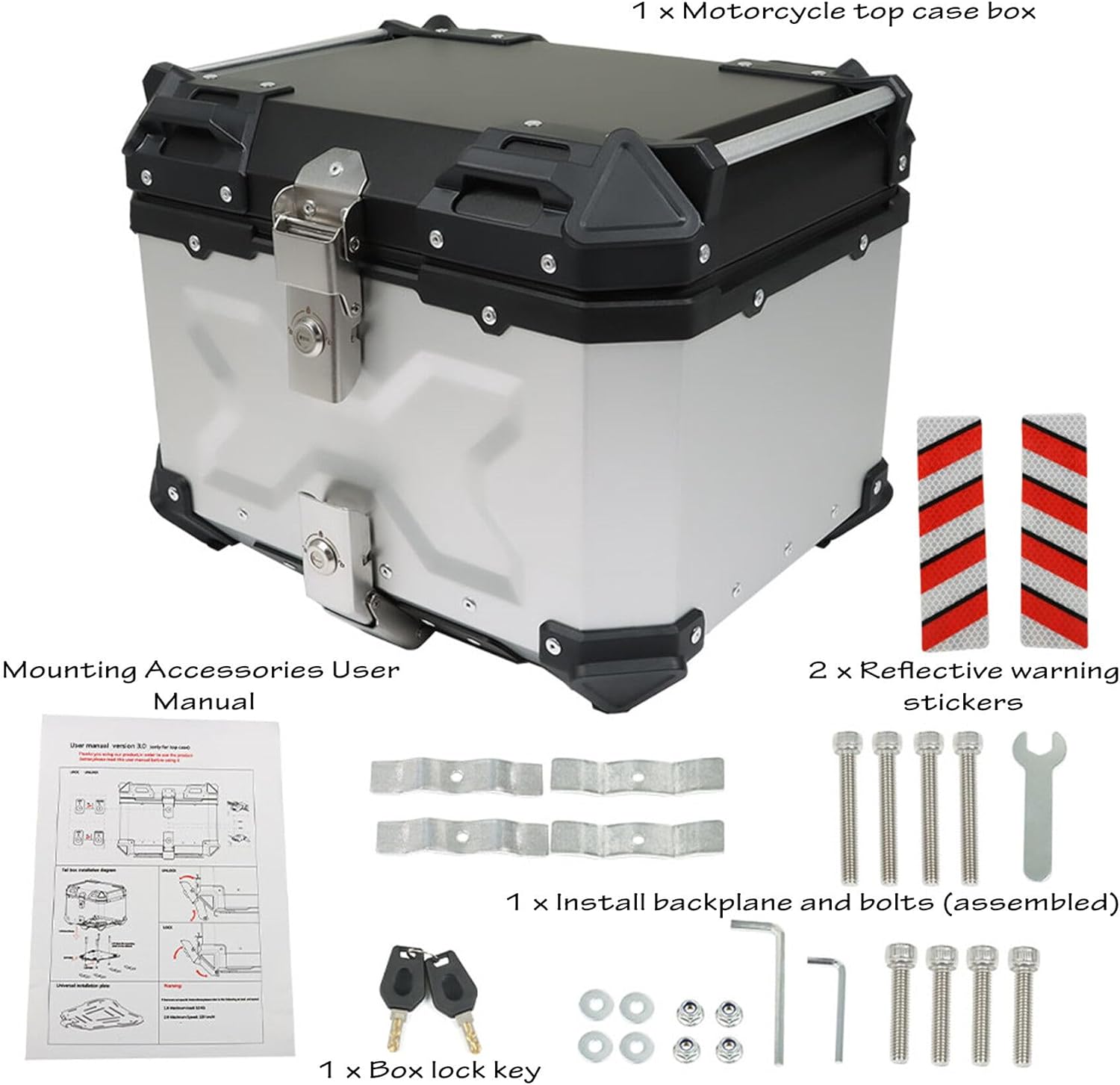 GXYWADY - Carcasa superior para motocicleta, 55L-X, color plata, aleación de aluminio, caja trasera para motocicleta, con espacio amplio y aspecto fresco, caja trasera para maletero de motocicleta,