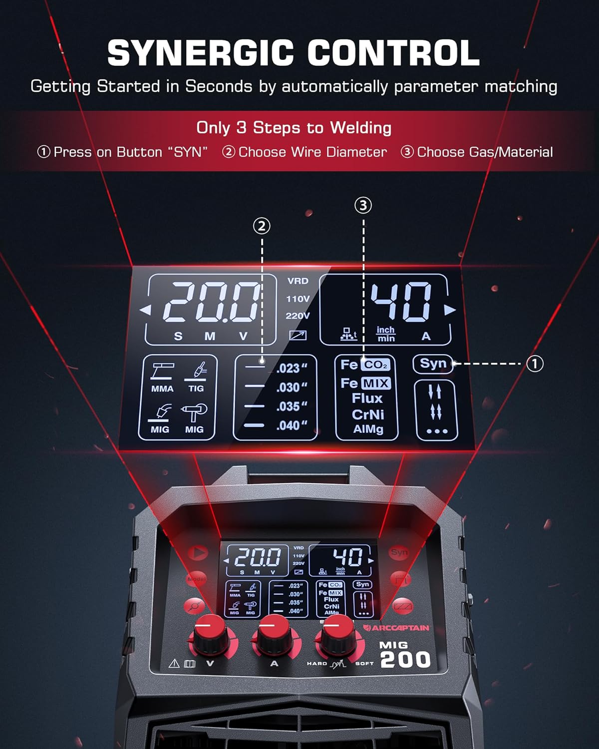 ARCCAPTAIN MIG Soldador, 200 amperios 6 en 1 gas MIG/núcleo de flujo sin gas MIG/Stick/Lift TIG/soldadura por punto/pistola de carrete 110 V/220 V de aluminio multiproceso máquina de soldadura con