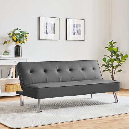 Yaheetech - Sofá Convertible de Piel sintética, sofá Cama, sofá de futón, sofá Ajustable, sofá de futón, Muebles de Sala de Estar con Patas de Metal Chapado en Cromo, Gris