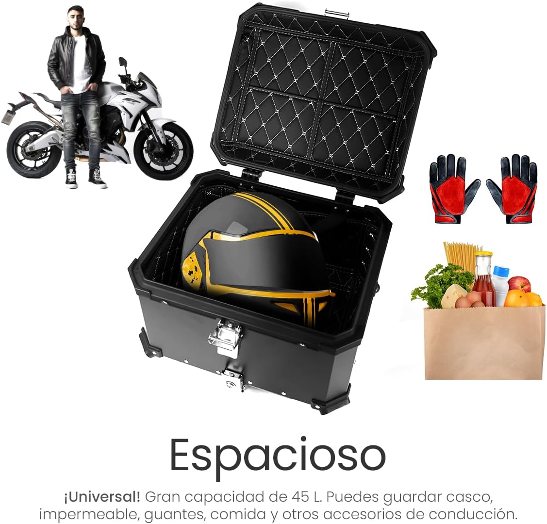Raganet, Cajuela Profesional para Motocicletas, Maletero de Moto con Interior Forrado de Vinil, Cerradura de Doble Bloqueo, Esquinas Reforzadas, Medidas: 42cm X 34cm, Incluye Material de Montaje