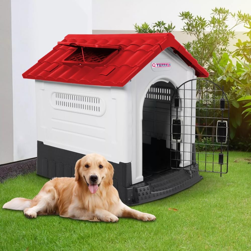 Q PERRON Casa para Perros Grande de Plástico con Puerta Métalica de 105 X 88 X 100 Cm. Amplia, Térmica, Impermeable con Ventilación, Piso Elevado, Fácil de Limpiar y Armar, Plegable.