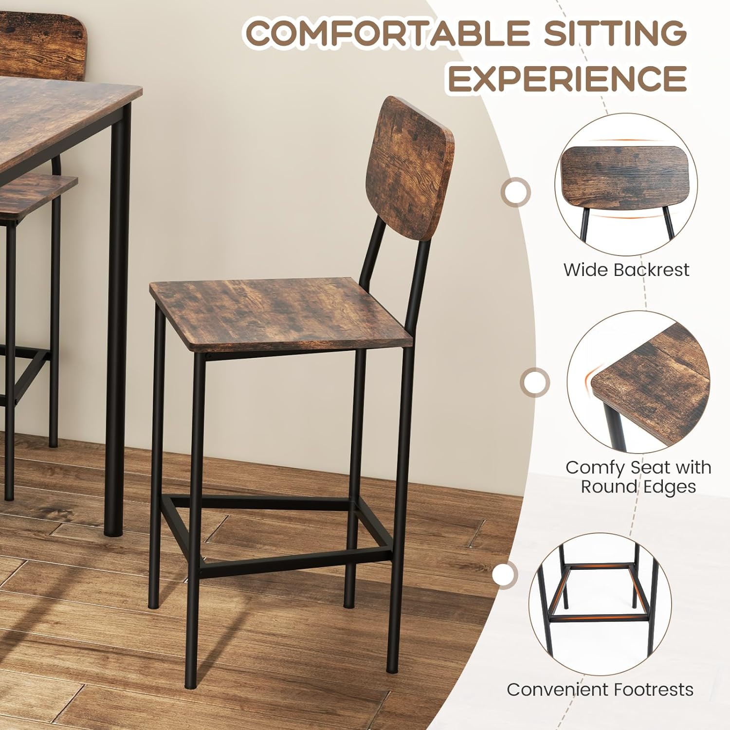 Juego de mesa de comedor de 5 piezas con mesa de altura y 4 taburetes de bar, juego de comedor industrial de cocina con reposapiés y respaldo, juego de comedor que ahorra espacio para pub,