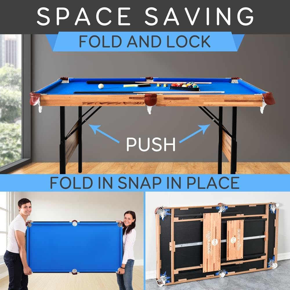 SereneLife Mesa de Billar Plegable de 1,4 m, Mesa de Juego de Billar portátil Plegable de 54 Pulgadas, para niños y Adultos, con Accesorios, Juegos de Interior y Exterior con Palos, Taco, Bolas y