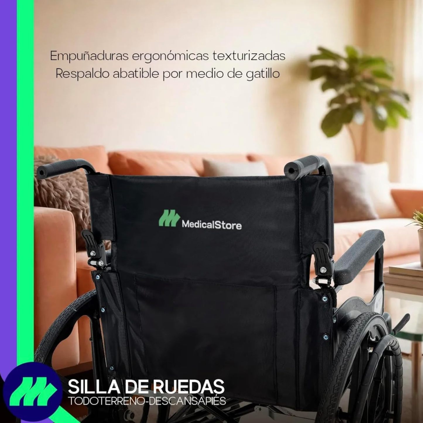 MEDICAL STORE Silla De Ruedas Ligera Adulto Mayor Todo Terreno Traslado Plegable Compacta Con Freno De Mano Rehabilitación Con Descansa Pies Abatible