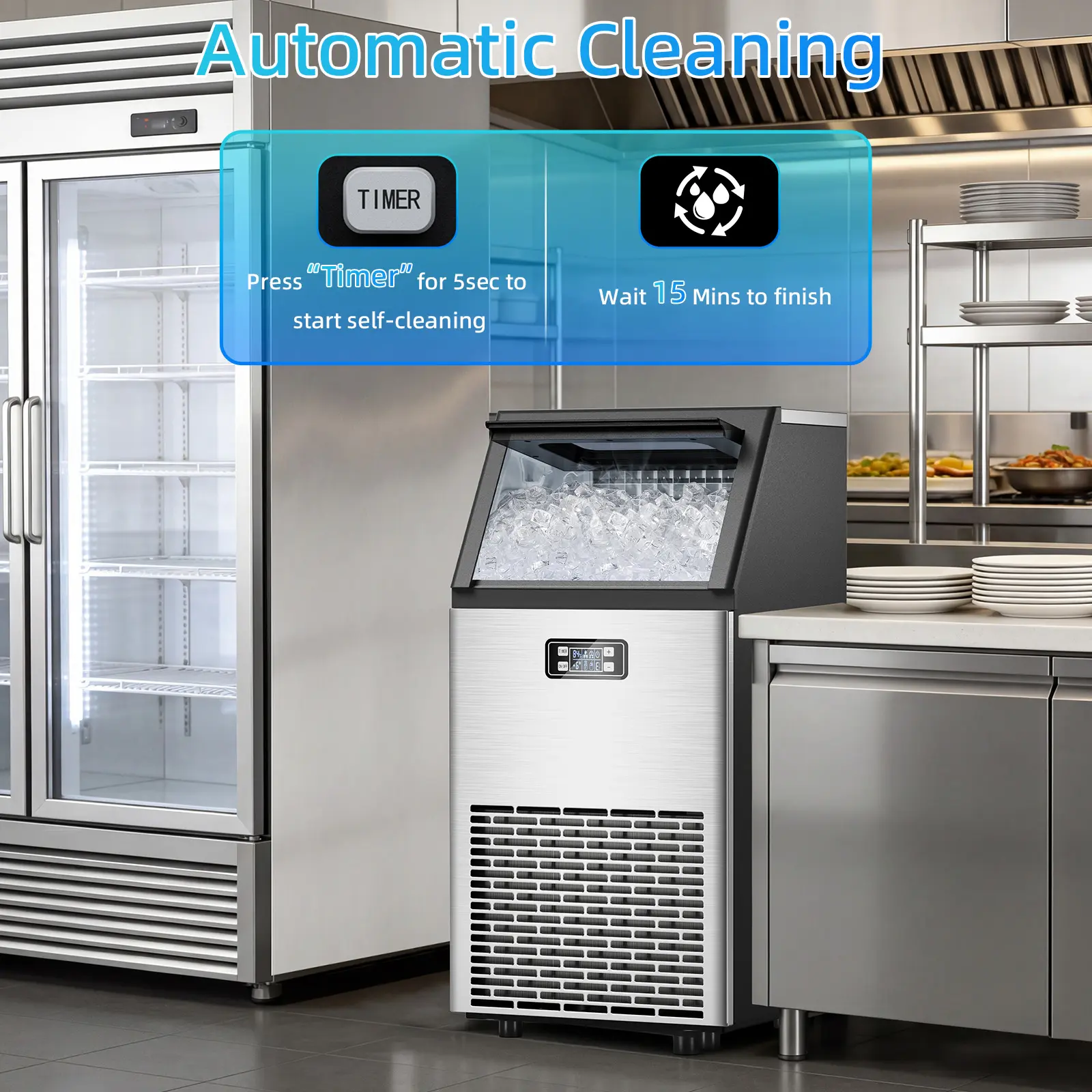 Máquina de Hielo Comercial V2.0, 100 lbs, Agua 2 Formas, Autolimpieza, Temporizador 24h, Cesta 33 lbs, Acero Inoxidable – Para Escuela, Hogar, Bar o RV