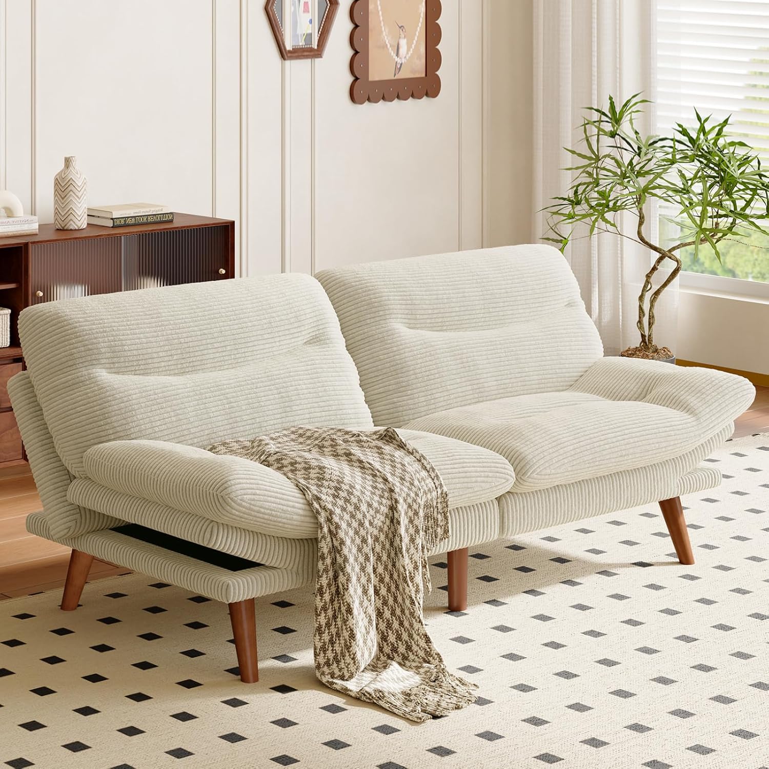AMADA Sofá Cama Futón Convertible de 66", Juego de Futón Plegable de Pana con Respaldo y Reposabrazos Ajustables, Sillón Reclinable para Sala de Estar, Departamento u Oficina, Marco de Madera Sólida
