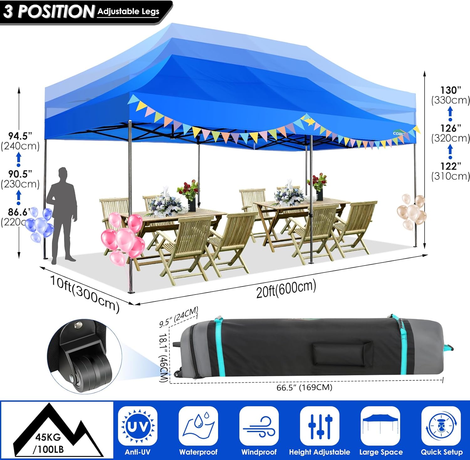COBIZI - Toldo desplegable de 10 x 20 Pulgadas con 6 Paredes Laterales, toldo Impermeable para Eventos al Aire última intervensión, UPF 50+ cenador portátil para Fiestas, Playa, Camping, Boda,