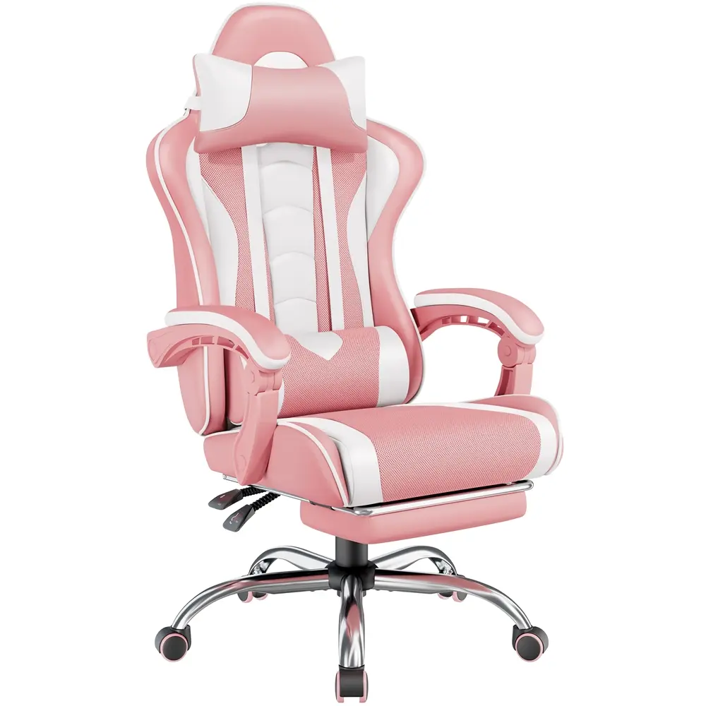 Silla Gamer Ergonómica con Soporte Lumbar de Masaje, Reposapiés Retráctil y Reposacabezas – Silla de Oficina Reclinable de Cuero PU, Silla de Escritorio Giratoria con Ruedas para Gamers de Gran Estatura