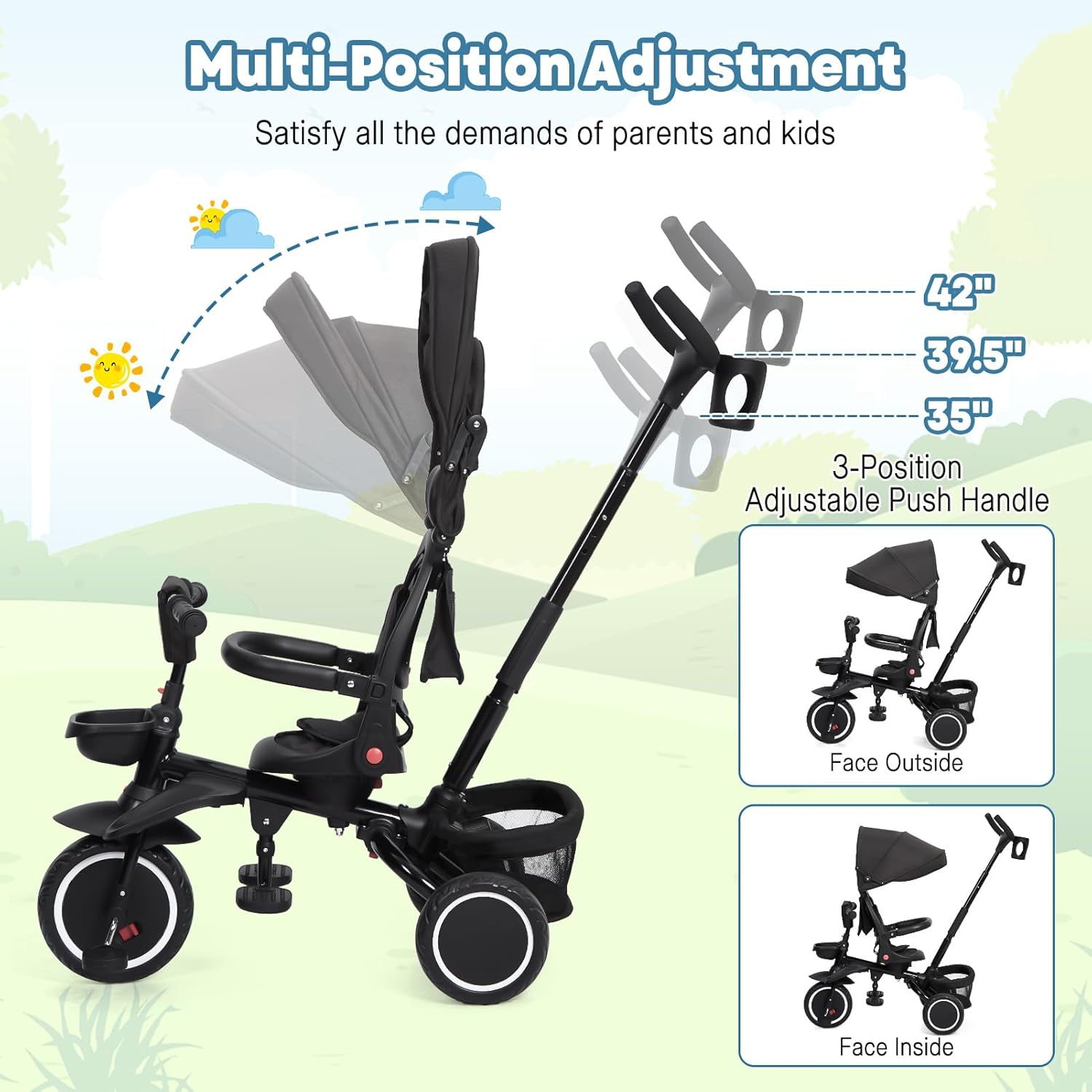 Babevy - Triciclo para bebé, 7 en 1, Plegable con Mango de Empuje Ajustable extraíble, toldo, Asiento Giratorio, arnés de Seguridad, portavasos y Almacenamiento, Triciclo para niños de 1 a 5 años