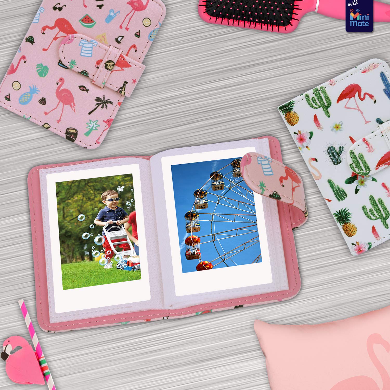 Fujifilm Instax Mini 12 cámara instantánea + paquete de accesorios MiniMate y funda personalizada compatible + Fuji Instax Film Value Pack (50 hojas) Álbum de fotos de diseño flamenco (verde menta)